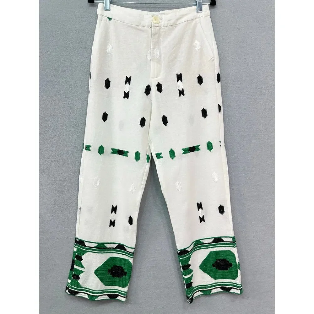 Zara Embroidered Linen Blend Geometric Pants White Green Black M